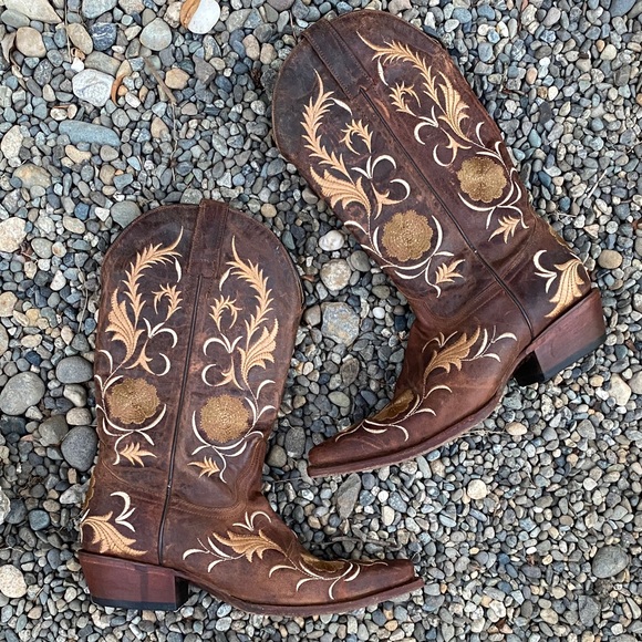 Shyanne Brown and Gold Embroidered Heeled Western Cowgirl Boots - Picture 1 of 13